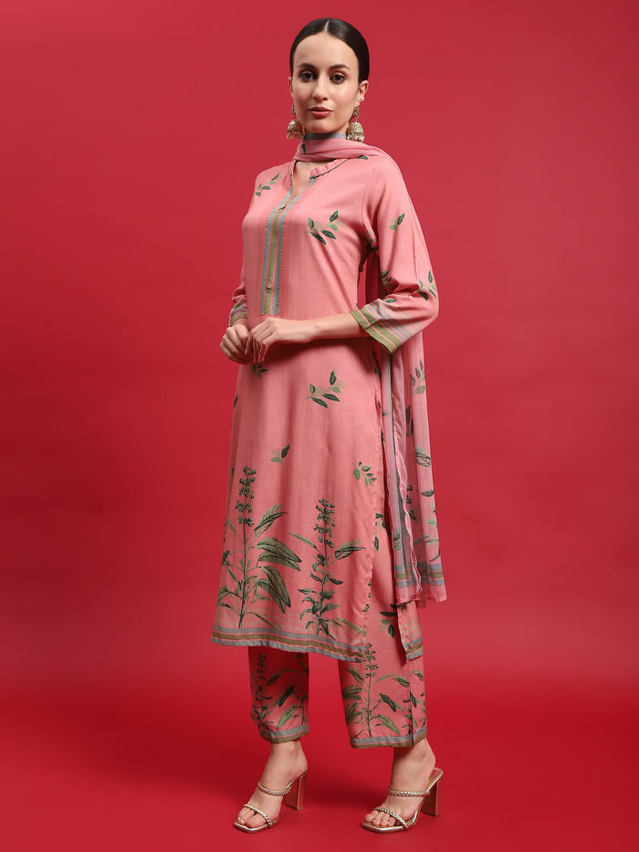 Women Liva Rayon Pink Floral Print Kurta Comfort Pant Dupatta.