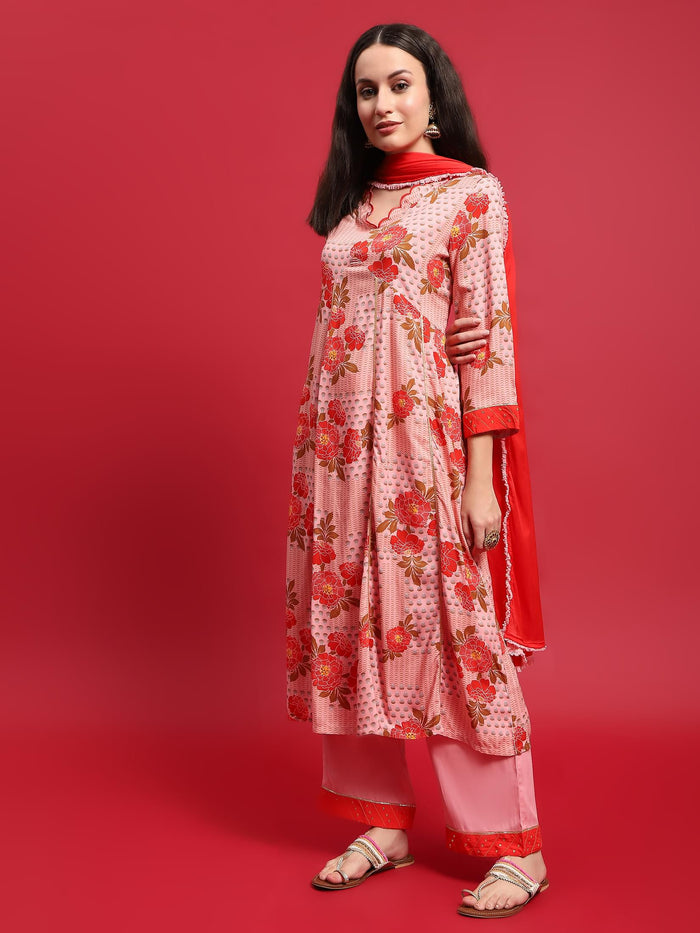 Women Liva Rayon Pink Floral Print Kurta Comfort Pant Dupatta.