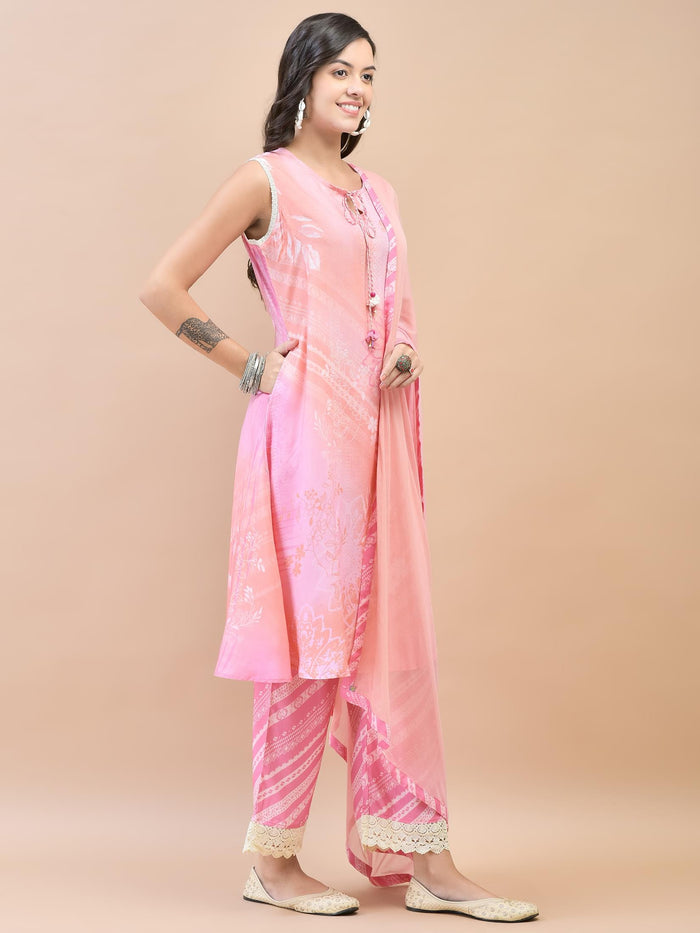 Women Liva (Rayon) Pink Floral Print Kurta Comfort Pant Dupatta.