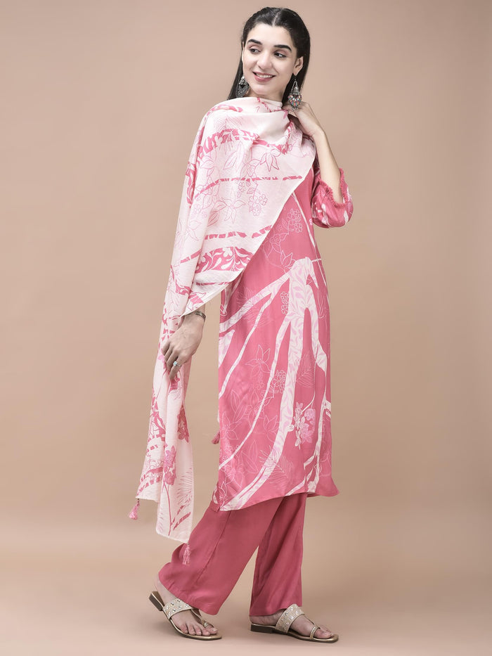 Women Liva (Rayon) Pink Floral Print Kurta Comfort Pant Dupatta.