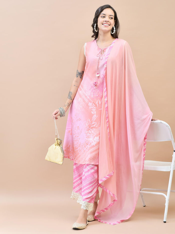 Women Liva (Rayon) Pink Floral Print Kurta Comfort Pant Dupatta.