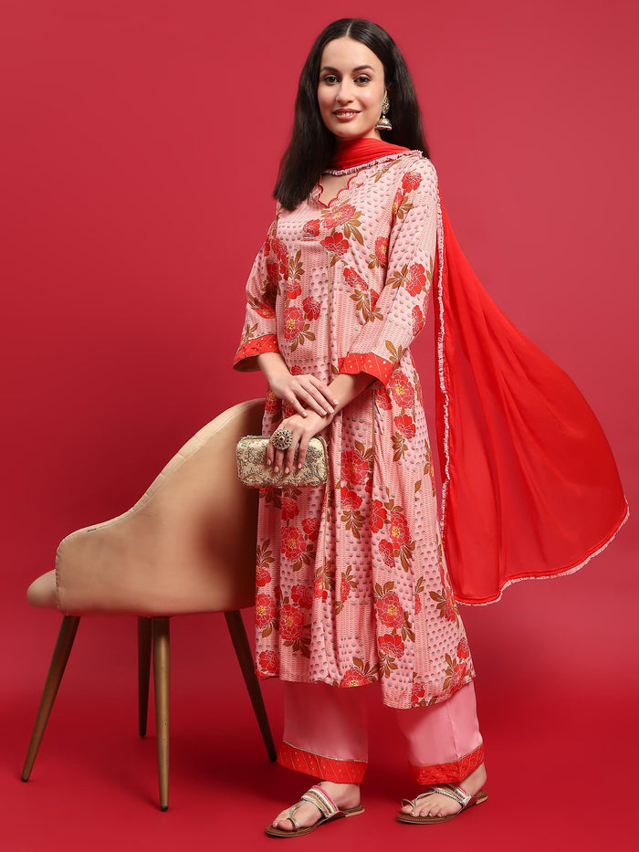 Women Liva Rayon Pink Floral Print Kurta Comfort Pant Dupatta.