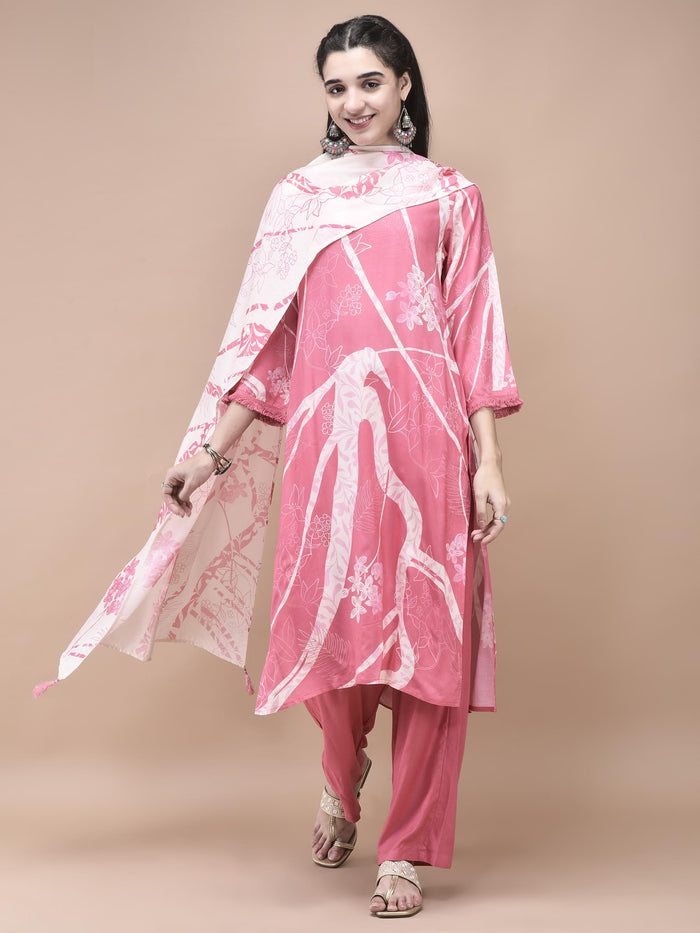 Women Liva (Rayon) Pink Floral Print Kurta Comfort Pant Dupatta.