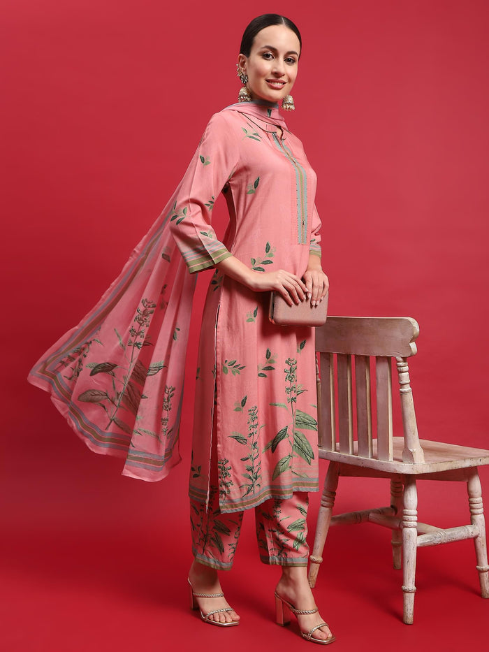 Women Liva Rayon Pink Floral Print Kurta Comfort Pant Dupatta.