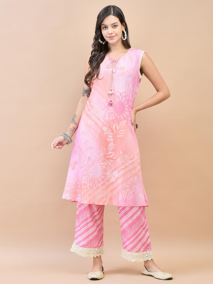 Women Liva (Rayon) Pink Floral Print Kurta Comfort Pant Dupatta.