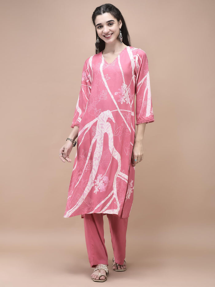 Women Liva (Rayon) Pink Floral Print Kurta Comfort Pant Dupatta.