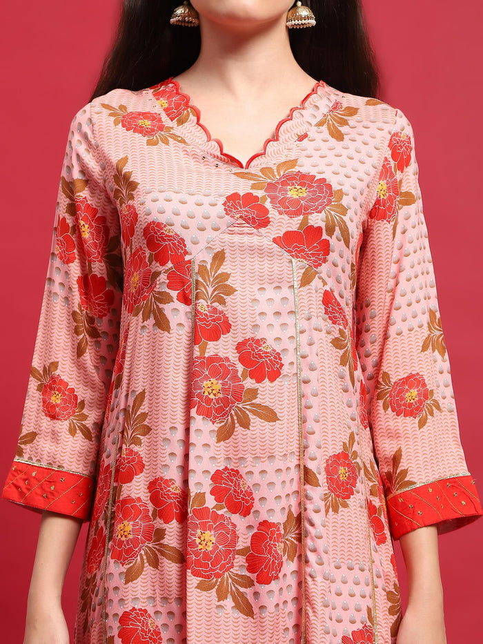 Women Liva Rayon Pink Floral Print Kurta Comfort Pant Dupatta.