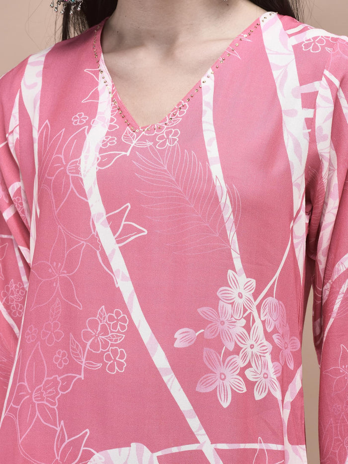 Women Liva (Rayon) Pink Floral Print Kurta Comfort Pant Dupatta.