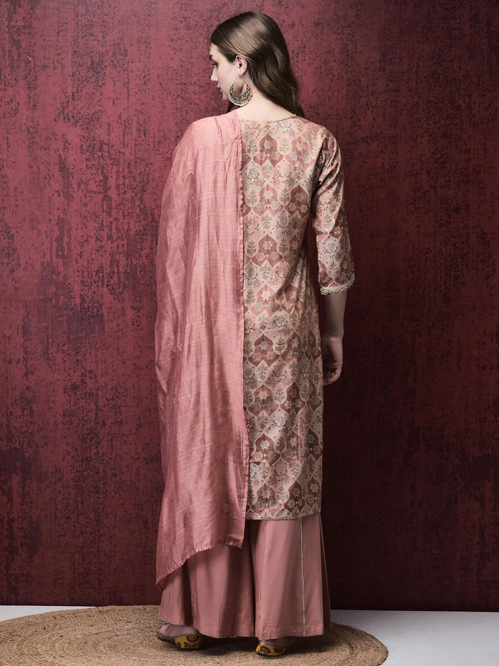 Women Liva (Rayon) Pink Floral Print Kurta Sharara Dupatta.