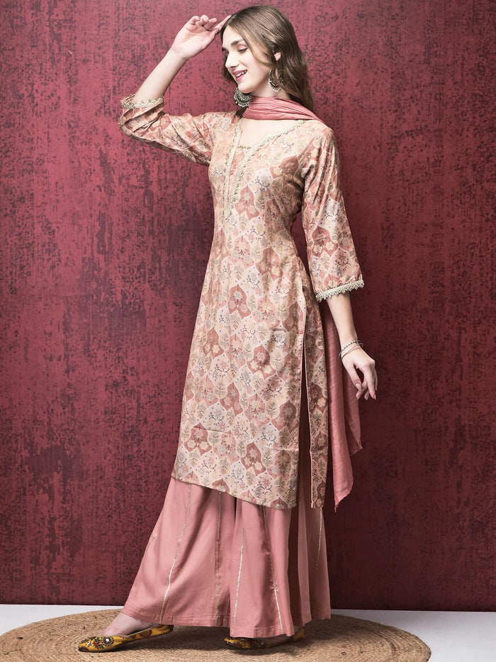 Women Liva (Rayon) Pink Floral Print Kurta Sharara Dupatta.