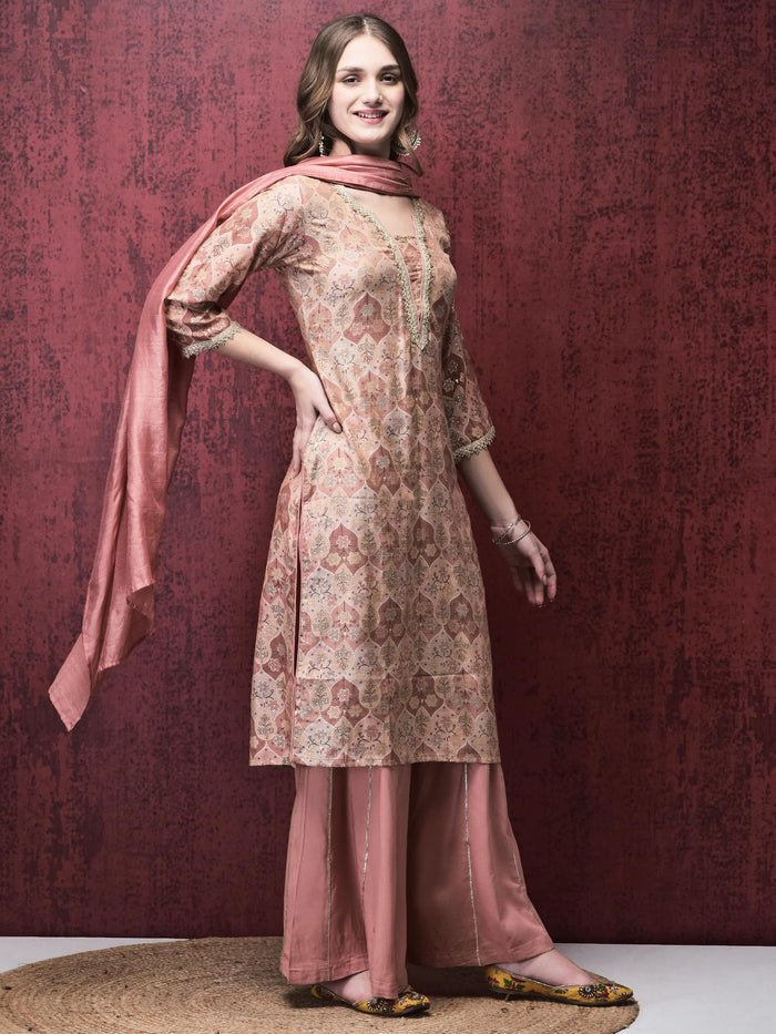 Women Liva (Rayon) Pink Floral Print Kurta Sharara Dupatta.