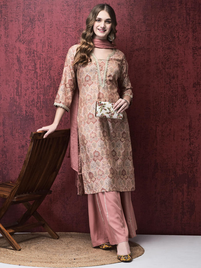 Women Liva (Rayon) Pink Floral Print Kurta Sharara Dupatta.