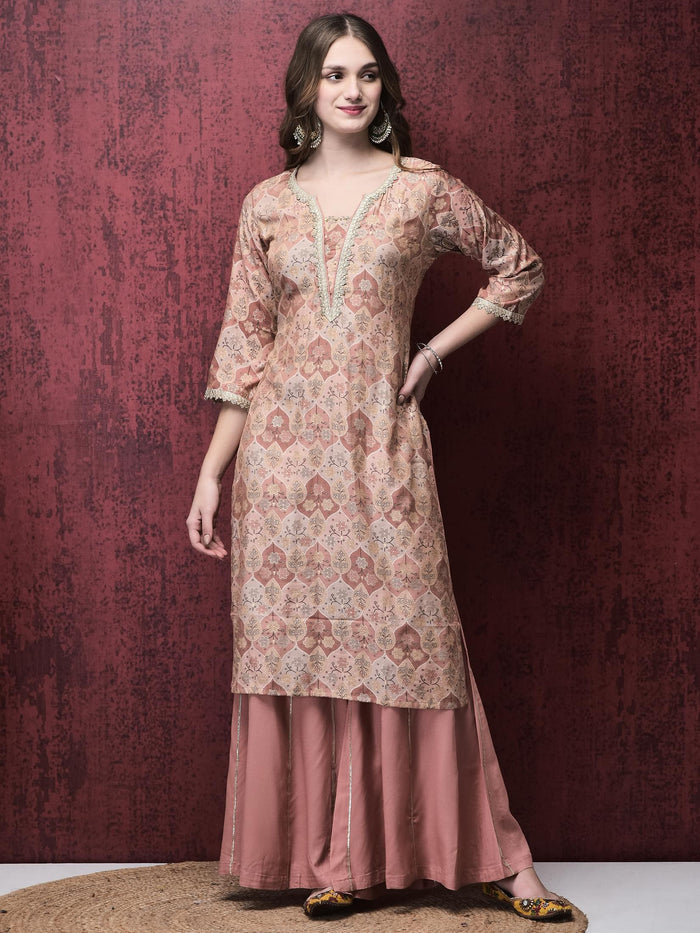 Women Liva (Rayon) Pink Floral Print Kurta Sharara Dupatta.
