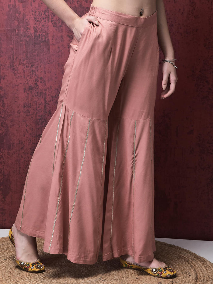 Women Liva (Rayon) Pink Floral Print Kurta Sharara Dupatta.