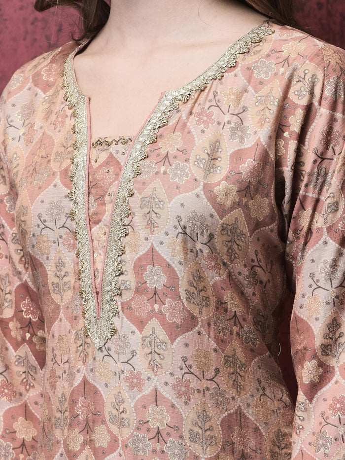 Women Liva (Rayon) Pink Floral Print Kurta Sharara Dupatta.