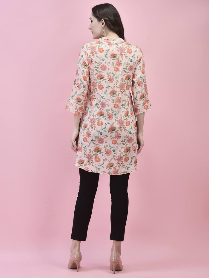 Women Liva Rayon Pink Floral Print Short Kurti.