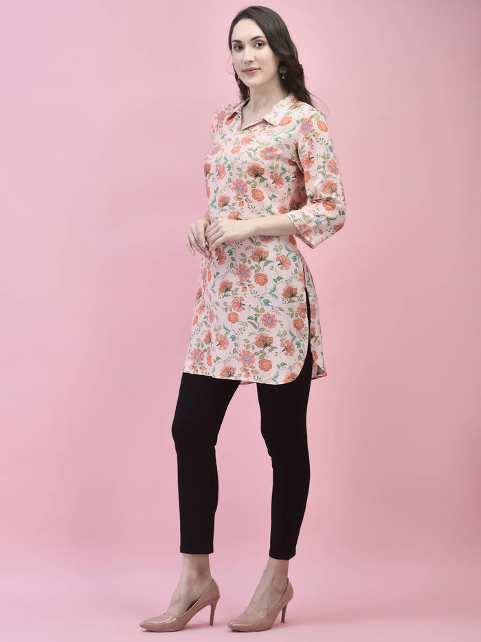 Women Liva Rayon Pink Floral Print Short Kurti.