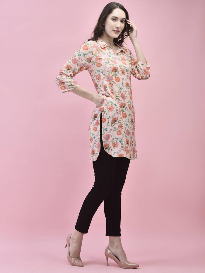 Women Liva Rayon Pink Floral Print Short Kurti.