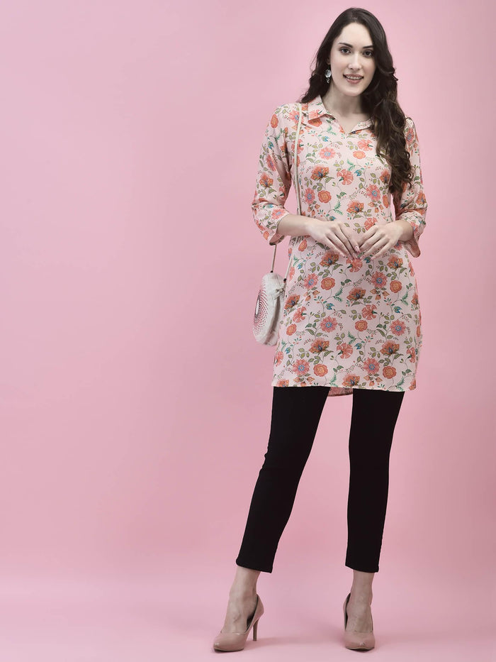Women Liva Rayon Pink Floral Print Short Kurti.