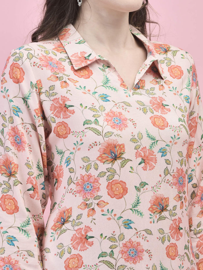 Women Liva Rayon Pink Floral Print Short Kurti.