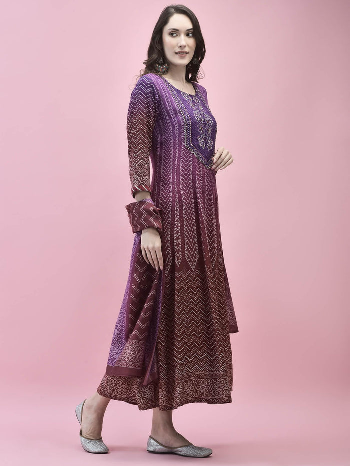 Women Liva Rayon Purple Embroidered Dress With Dupatta.