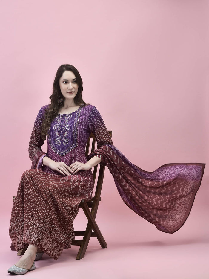 Women Liva Rayon Purple Embroidered Dress With Dupatta.