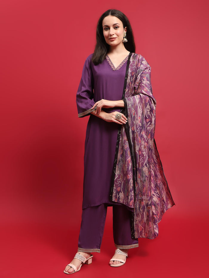 Women Liva (Rayon) Purple Embroidered Kurta Comfort Pant Dupatta.