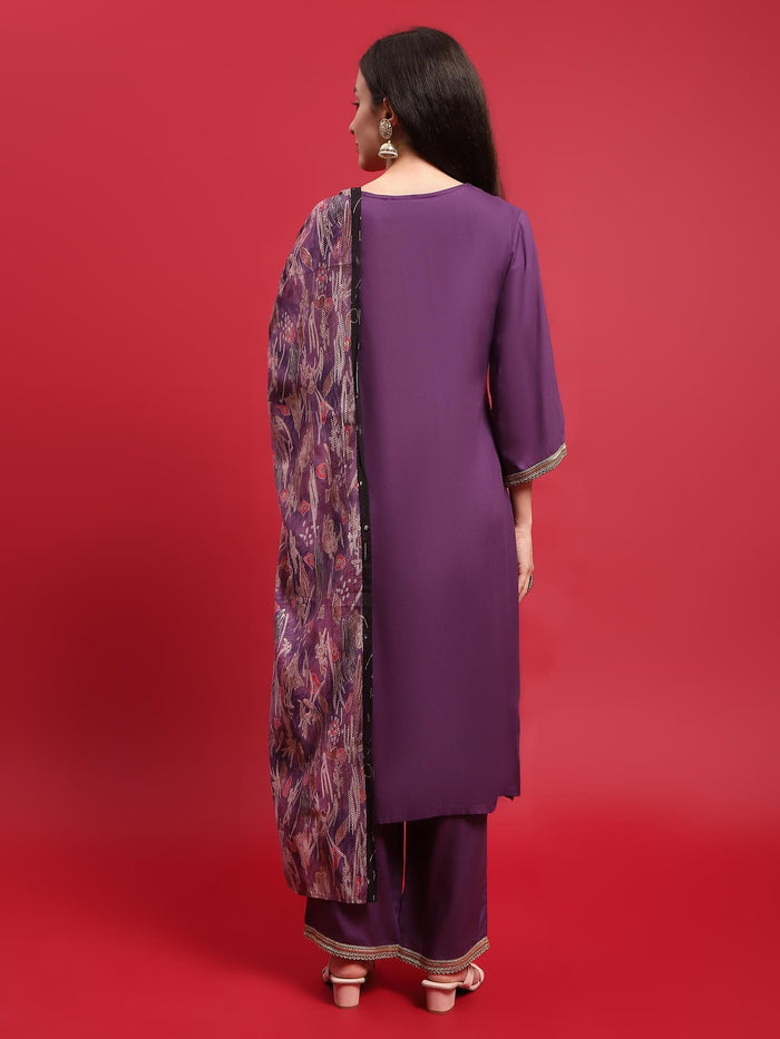 Women Liva (Rayon) Purple Embroidered Kurta Comfort Pant Dupatta.