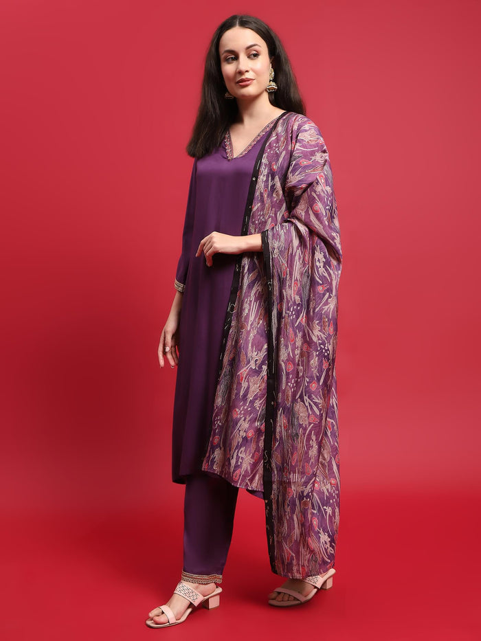 Women Liva (Rayon) Purple Embroidered Kurta Comfort Pant Dupatta.