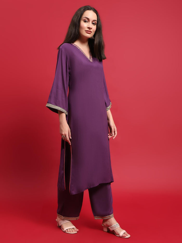 Women Liva (Rayon) Purple Embroidered Kurta Comfort Pant Dupatta.