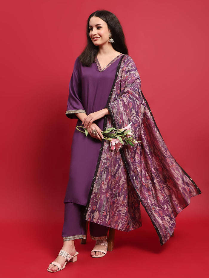 Women Liva (Rayon) Purple Embroidered Kurta Comfort Pant Dupatta.