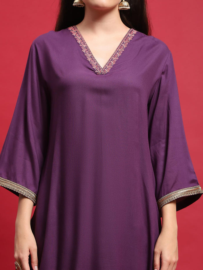 Women Liva (Rayon) Purple Embroidered Kurta Comfort Pant Dupatta.