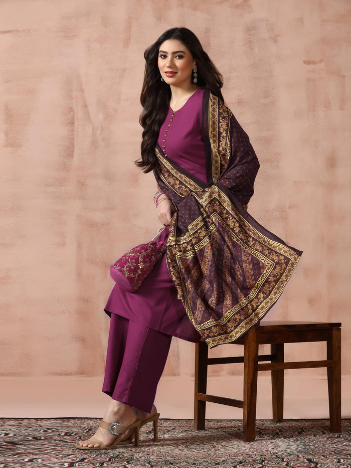 Women Liva Rayon Purple Solid Kurta Comfort Pant with Printed Chanderi Dupatta.