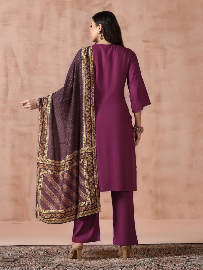 Women Liva Rayon Purple Solid Kurta Comfort Pant with Printed Chanderi Dupatta.