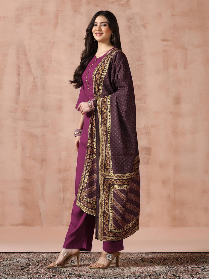 Women Liva Rayon Purple Solid Kurta Comfort Pant with Printed Chanderi Dupatta.