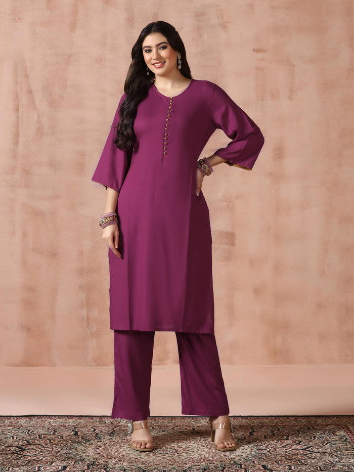 Women Liva Rayon Purple Solid Kurta Comfort Pant with Printed Chanderi Dupatta.