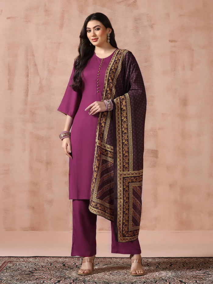Women Liva Rayon Purple Solid Kurta Comfort Pant with Printed Chanderi Dupatta.