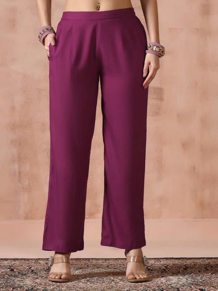 Women Liva Rayon Purple Solid Kurta Comfort Pant with Printed Chanderi Dupatta.