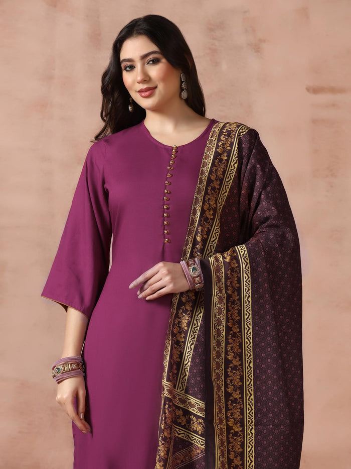 Women Liva Rayon Purple Solid Kurta Comfort Pant with Printed Chanderi Dupatta.