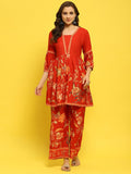 Women Liva Rayon Red Floral Print Co-Ord Set.
