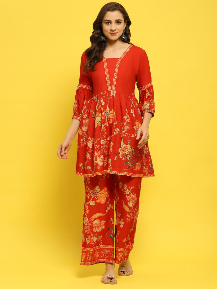Women Liva Rayon Red Floral Print Co-Ord Set.