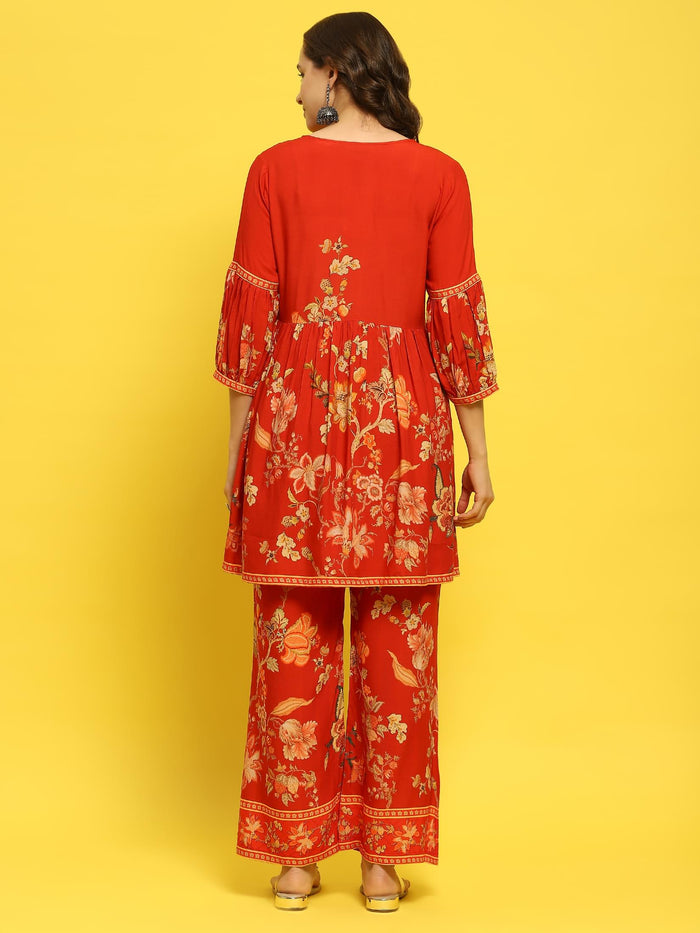 Women Liva Rayon Red Floral Print Co-Ord Set.