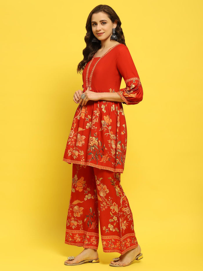 Women Liva Rayon Red Floral Print Co-Ord Set.