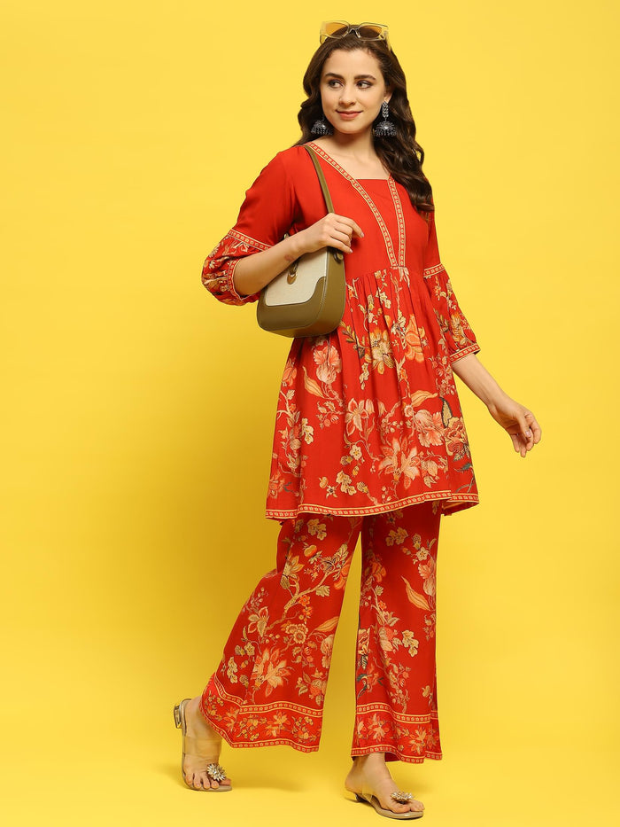 Women Liva Rayon Red Floral Print Co-Ord Set.
