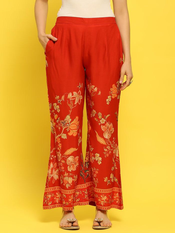 Women Liva Rayon Red Floral Print Co-Ord Set.