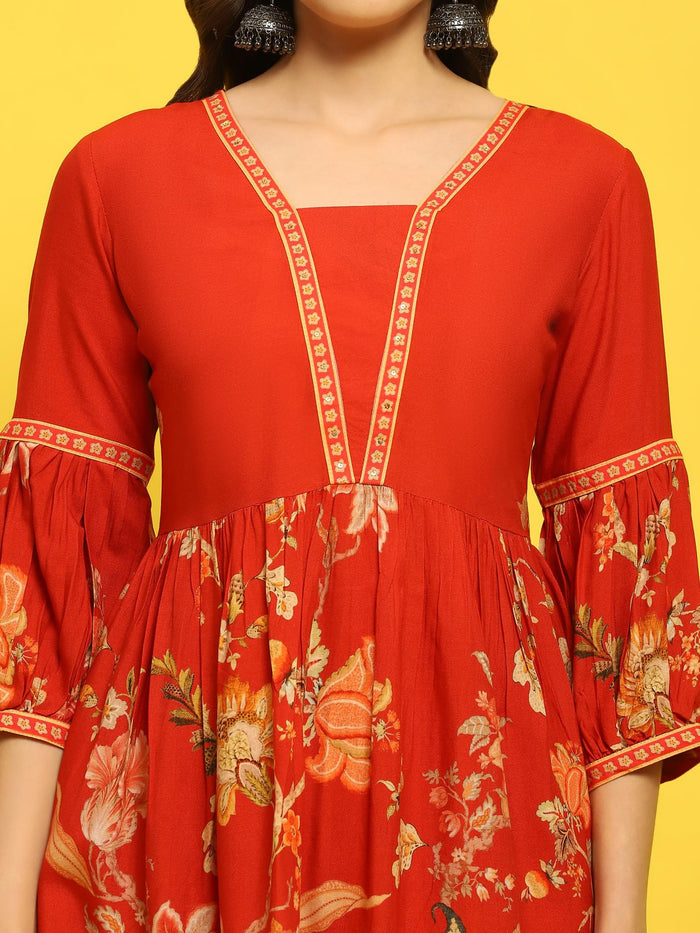 Women Liva Rayon Red Floral Print Co-Ord Set.