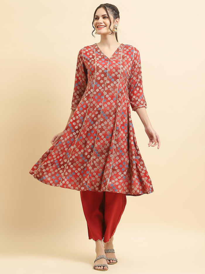 Women Liva Rayon Red Geometric Print Kurta With Comfort Pant.