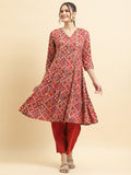 Women Liva Rayon Red Geometric Print Kurta With Comfort Pant.