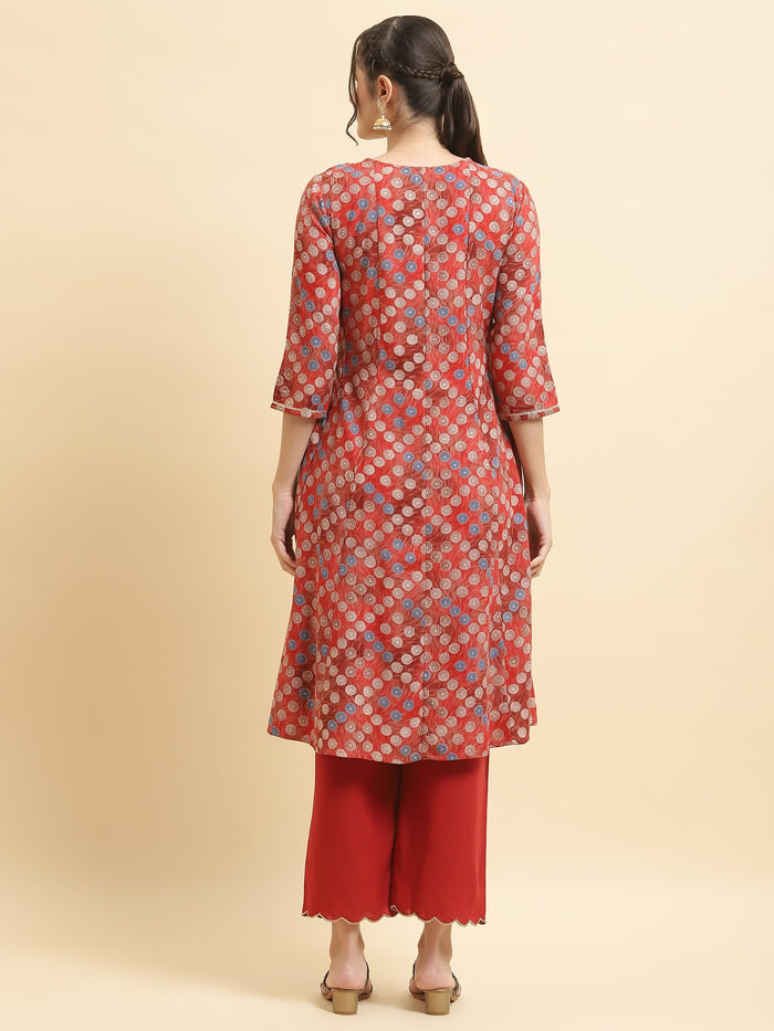 Women Liva Rayon Red Geometric Print Kurta With Comfort Pant.