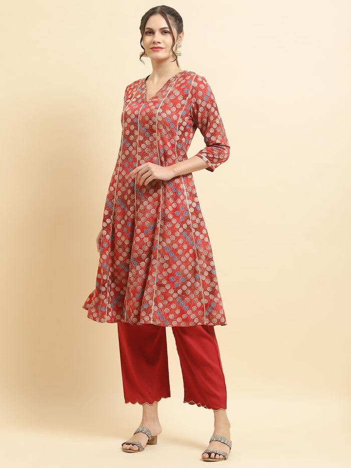 Women Liva Rayon Red Geometric Print Kurta With Comfort Pant.